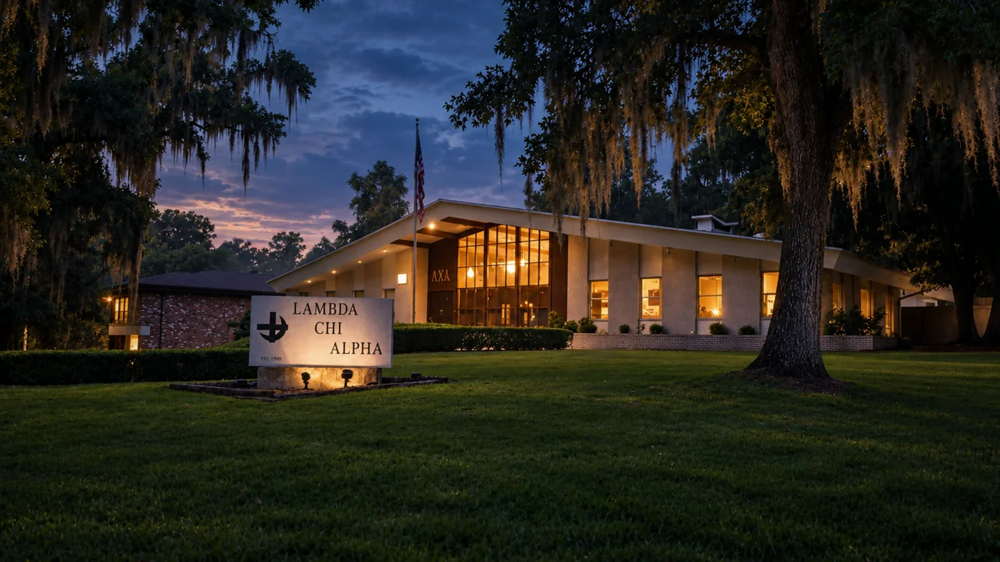 An illustrated evening at the Epsilon-Mu house, with warm lights on the sign and front windows